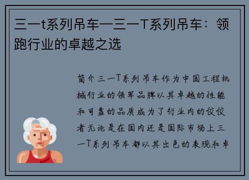 三一t系列吊车—三一T系列吊车：领跑行业的卓越之选
