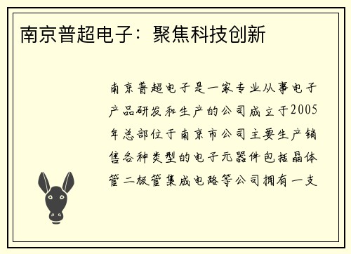 南京普超电子：聚焦科技创新